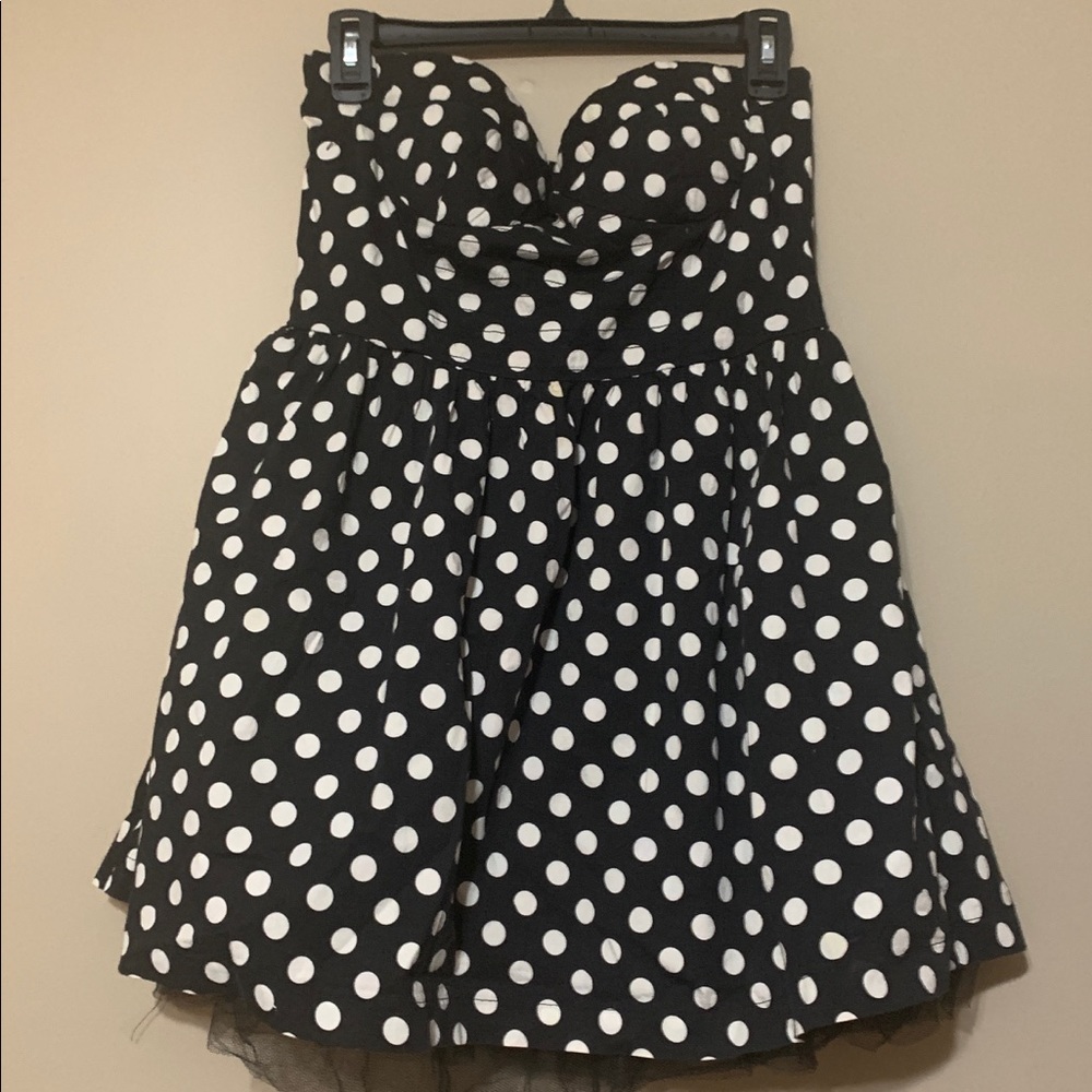 Strapless Black White Polka Dot Dress with Tulle